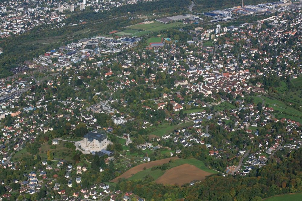 Dornach from the bird's eye view: Town view of the streets and houses and landmark Goetheanum in Dornach in the canton Solothurn, Switzerland