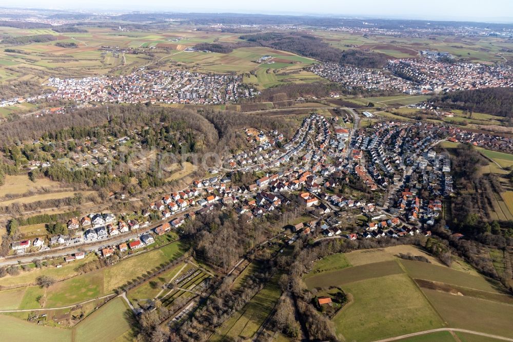 Aerial image Dätzingen - Town View of the streets and houses of the residential areas in Daetzingen in the state Baden-Wuerttemberg, Germany
