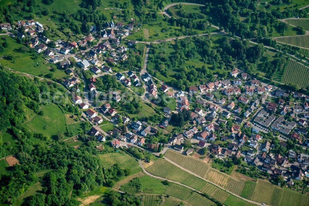 Ebringen from above - Town View of the streets and houses of the residential areas in Ebringen in the state Baden-Wuerttemberg, Germany