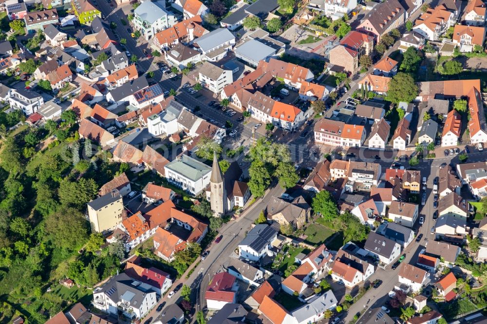 Aerial image Eggenstein-Leopoldshafen - Town View of the streets and houses of the residential areas in Eggenstein-Leopoldshafen in the state Baden-Wuerttemberg, Germany