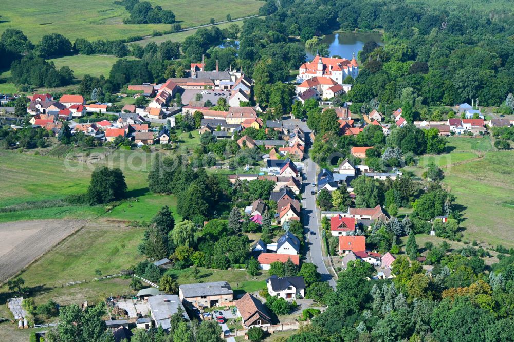 Luckau from the bird's eye view: City view of the streets and houses of the residential areas along the Alte Calauer Strasse and moated castle in Fuerstlich Drehna in the state Brandenburg, Germany