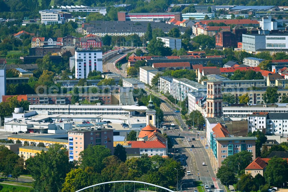 Dessau from above - City view of the streets and houses of the residential areas along Askanische Strasse in Dessau in the state Saxony-Anhalt, Germany