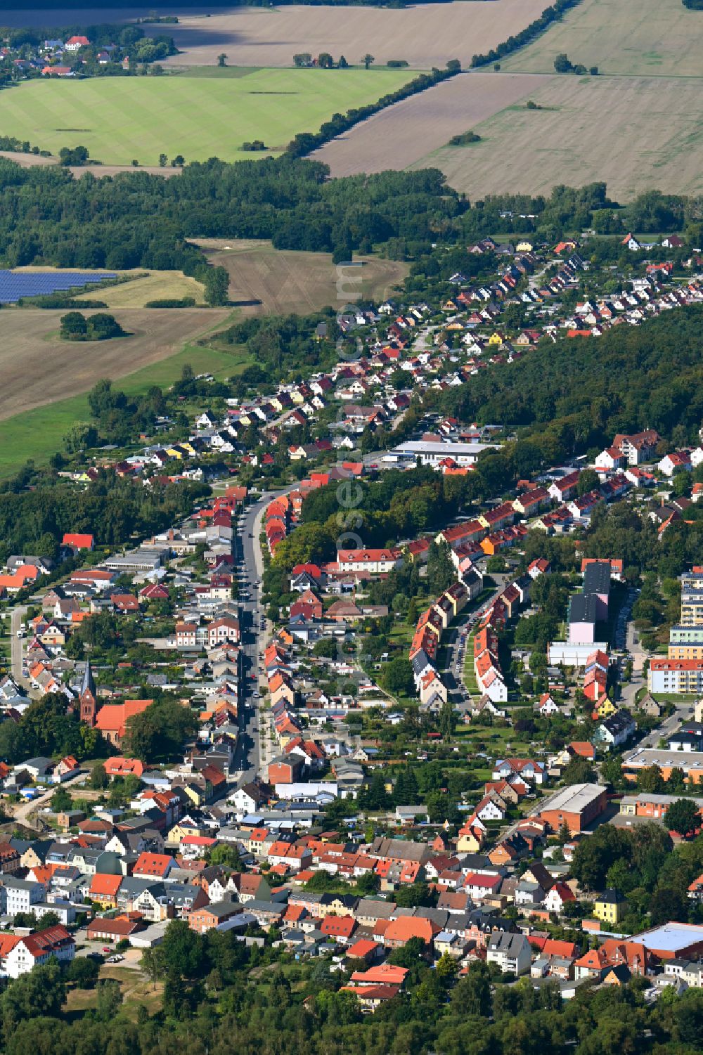 Ribnitz-Damgarten from above - City view of the streets and houses of the residential areas along Barther Strasse in the district of Damgarten in Ribnitz-Damgarten on the Baltic Sea coast in the state Mecklenburg - Western Pomerania, Germany