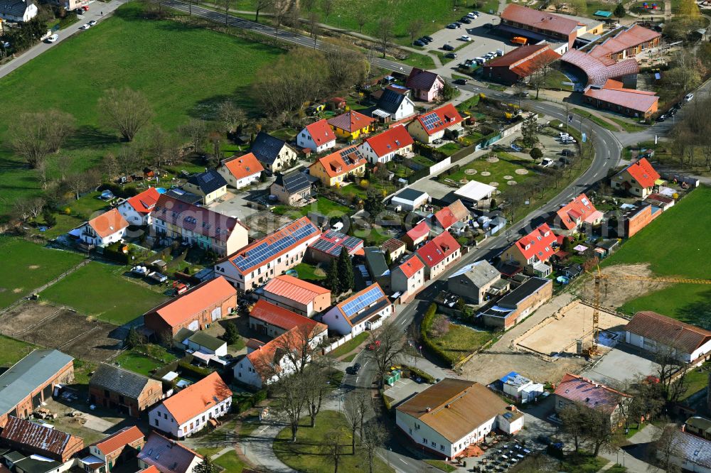 Eiche from above - City view of the streets and houses of the residential areas along the Eichner Dorfstrasse in Eiche in the state Brandenburg, Germany