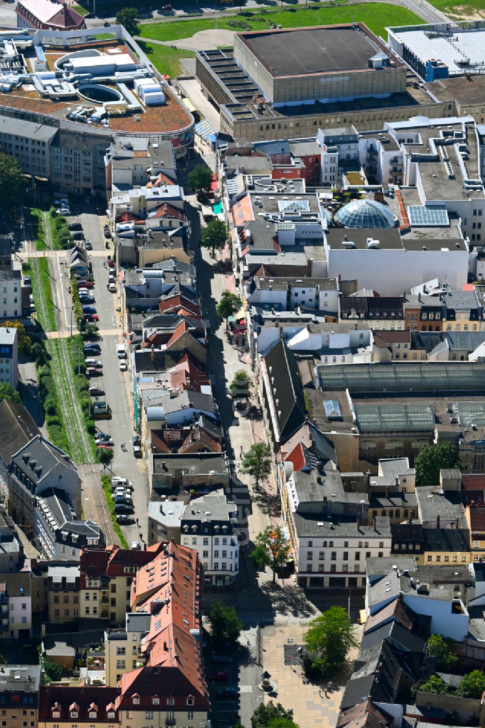 Aerial photograph Gera - Town View of the streets and houses of the residential areas along the street Sorge in Gera in the state Thuringia, Germany