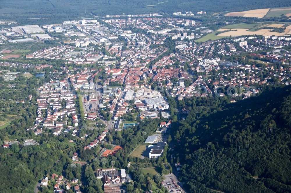 Aerial image Ettlingen - Town View of the streets and houses of the residential areas in Ettlingen in the state Baden-Wuerttemberg