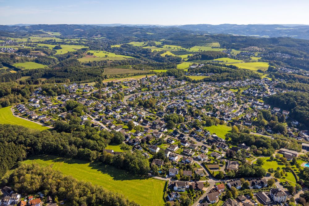 Finnentrop from above - Town View of the streets and houses of the residential areas in Finnentrop at Sauerland in the state North Rhine-Westphalia, Germany