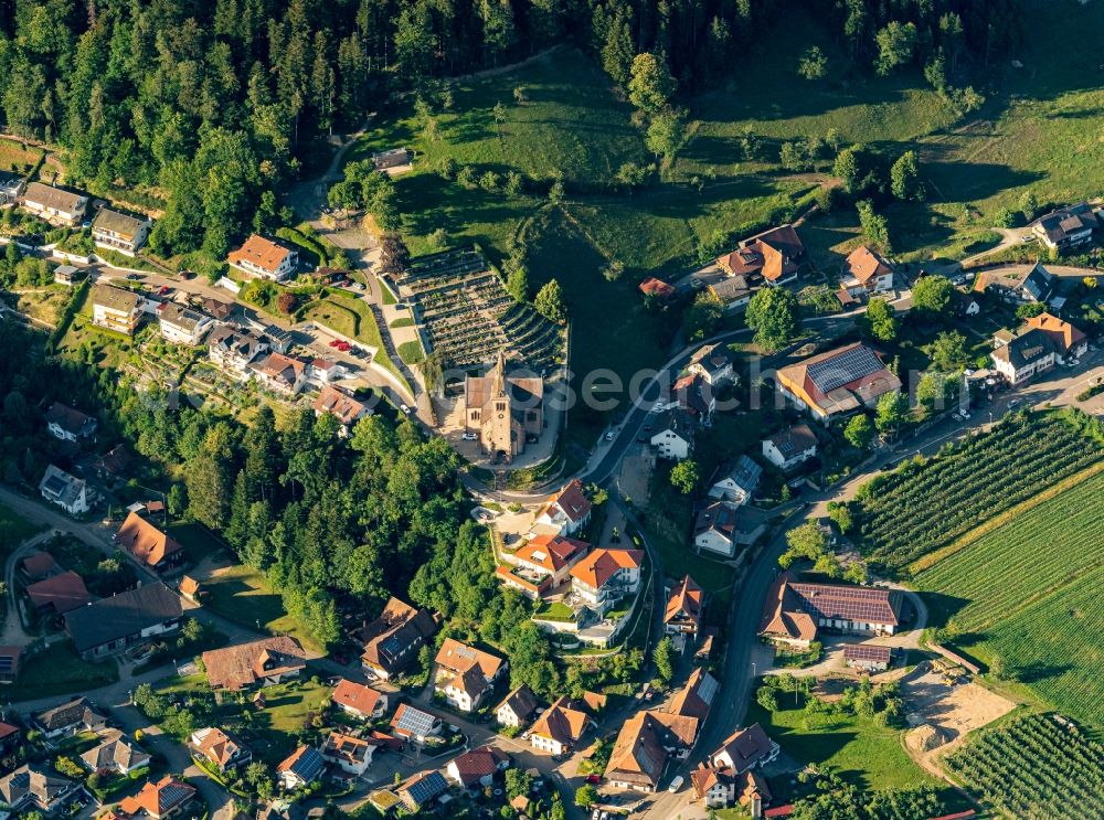 Fischerbach from above - Town View of the streets and houses of the residential areas in Fischerbach in the state Baden-Wuerttemberg, Germany