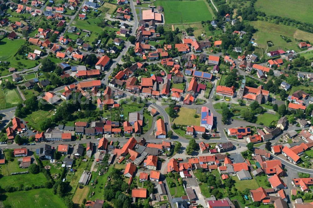 Fredelsloh from above - Town View of the streets and houses of the residential areas in Fredelsloh in the state Lower Saxony, Germany