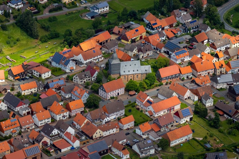 Aerial image Freienhagen - Town View of the streets and houses of the residential areas in Freienhagen in the state Hesse, Germany
