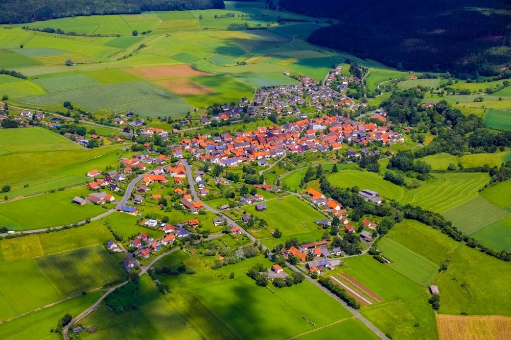 Aerial image Freienhagen - Town View of the streets and houses in Freienhagen in the state Hesse, Germany