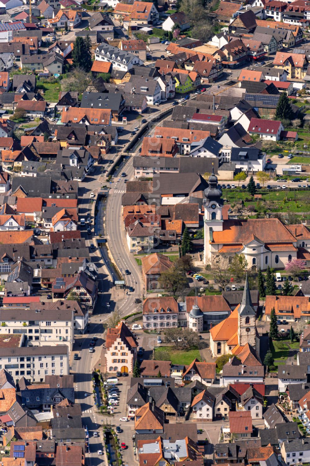 Friesenheim from above - Town View of the streets and houses of the residential areas in Friesenheim in the state Baden-Wurttemberg, Germany