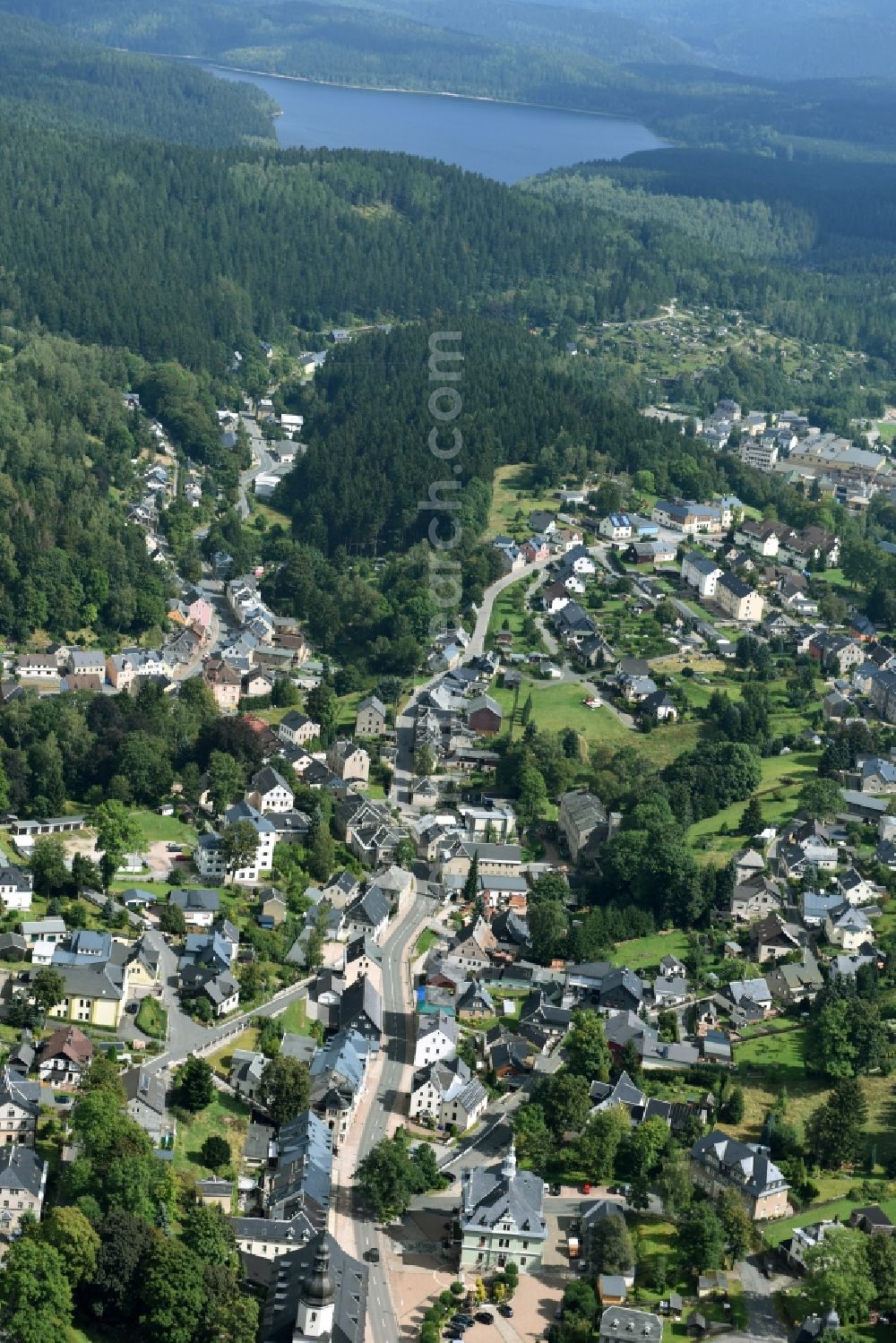 Aerial image Schönheide - View of the streets and houses of the residential areas of the borough of Schoenheide in the state of Saxony