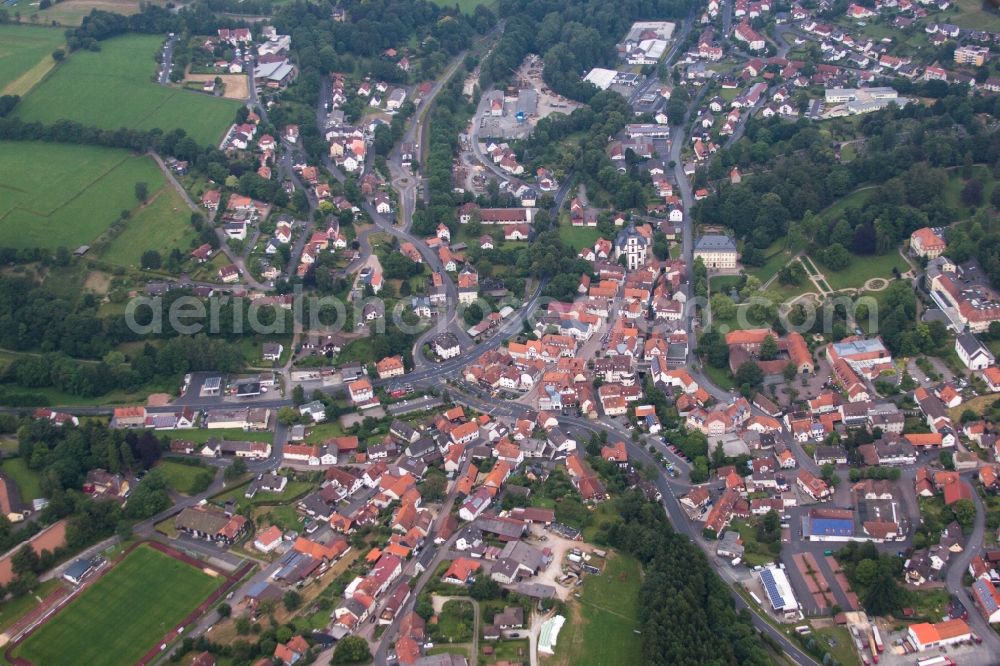 Gersfeld (Rhön) from the bird's eye view: Town View of the streets and houses of the residential areas in Gersfeld (Rhoen) in the state Hesse, Germany
