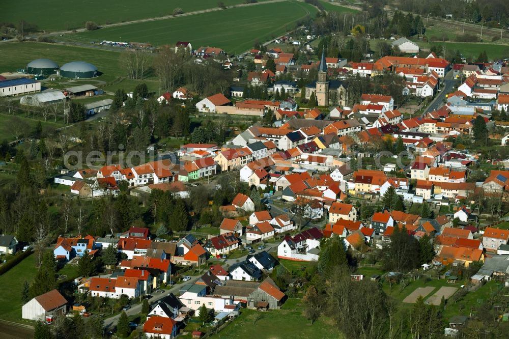 Aerial image Emleben - Town view of the streets and houses of the residential areas and the commercial area in Emleben in the state Thuringia, Germany