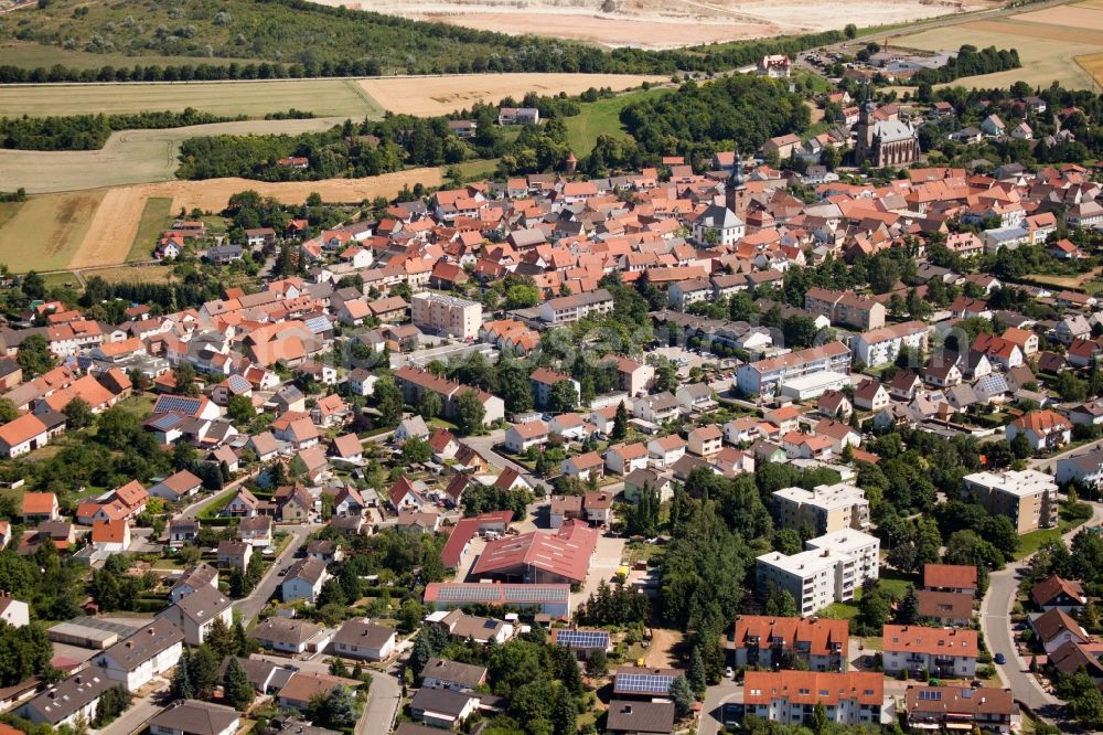 Göllheim from above - Town View of the streets and houses of the residential areas in Goellheim in the state Rhineland-Palatinate, Germany