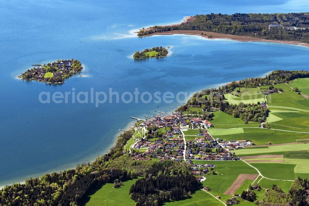 Gstadt am Chiemsee from above - Town View of the streets and houses of the residential areas in Gstadt am Chiemsee in the state Bavaria, Germany