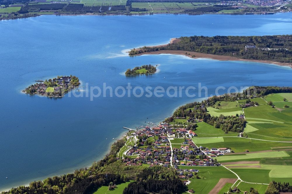 Aerial photograph Gstadt am Chiemsee - Town View of the streets and houses of the residential areas in Gstadt am Chiemsee in the state Bavaria, Germany