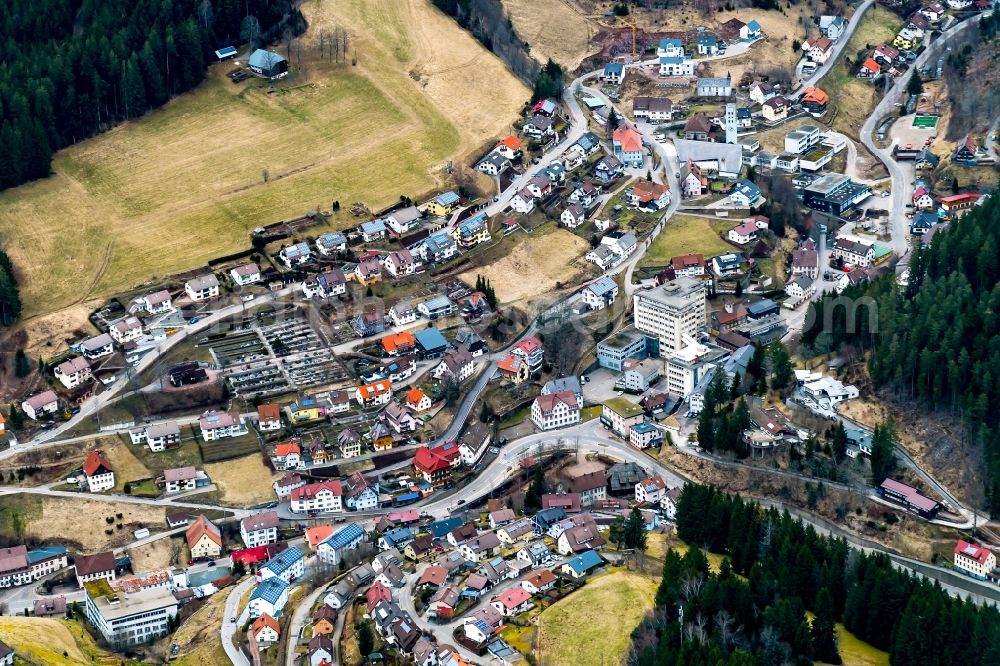 Aerial image Gütenbach - Town View of the streets and houses of the residential areas in Guetenbach in the state Baden-Wuerttemberg, Germany