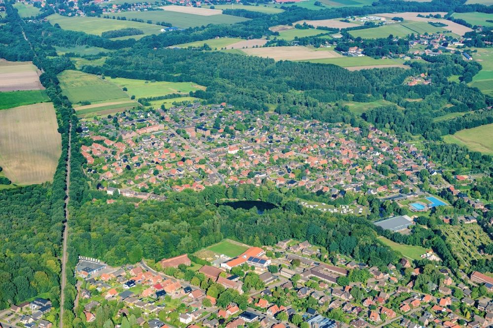 Harsefeld from above - Town View of the streets and houses of the residential areas in Harsefeld in the state Lower Saxony, Germany