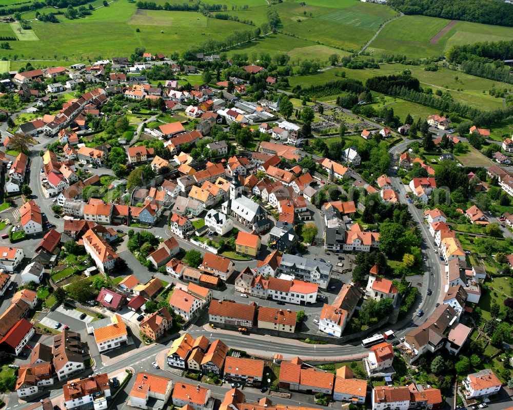 Herbstein from the bird's eye view: Town View of the streets and houses of the residential areas in Herbstein in the state Hesse, Germany