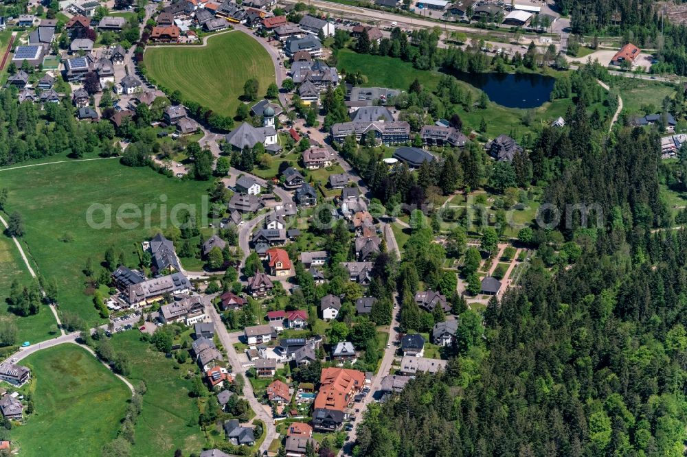 Hinterzarten from above - Town View of the streets and houses of the residential areas in Hinterzarten in the state Baden-Wurttemberg, Germany