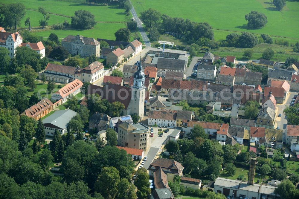 Pretzsch (Elbe) from above - View of the historic centre of Pretzsch (Elbe) in the state of Saxony-Anhalt. Pretzsch is known for its renaissance castle with the garden, the castle district with the historic buildings and the gothic church