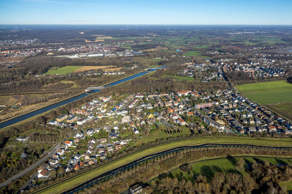 Horstmar from above - City view of the streets and houses of the residential areas with a view of the Datteln-Hamm Canal in Horstmar in the Ruhr area in the state of North Rhine-Westphalia, Germany