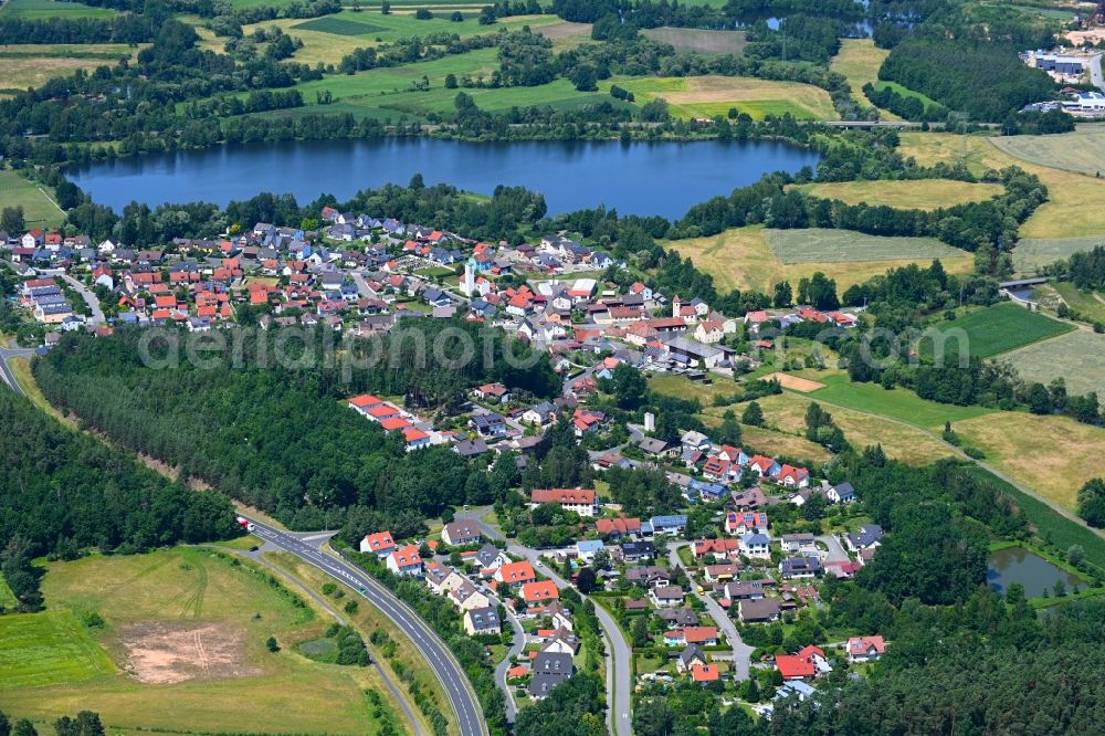 Aerial image Hütten - Town View of the streets and houses of the residential areas in Huetten in the state Bavaria, Germany