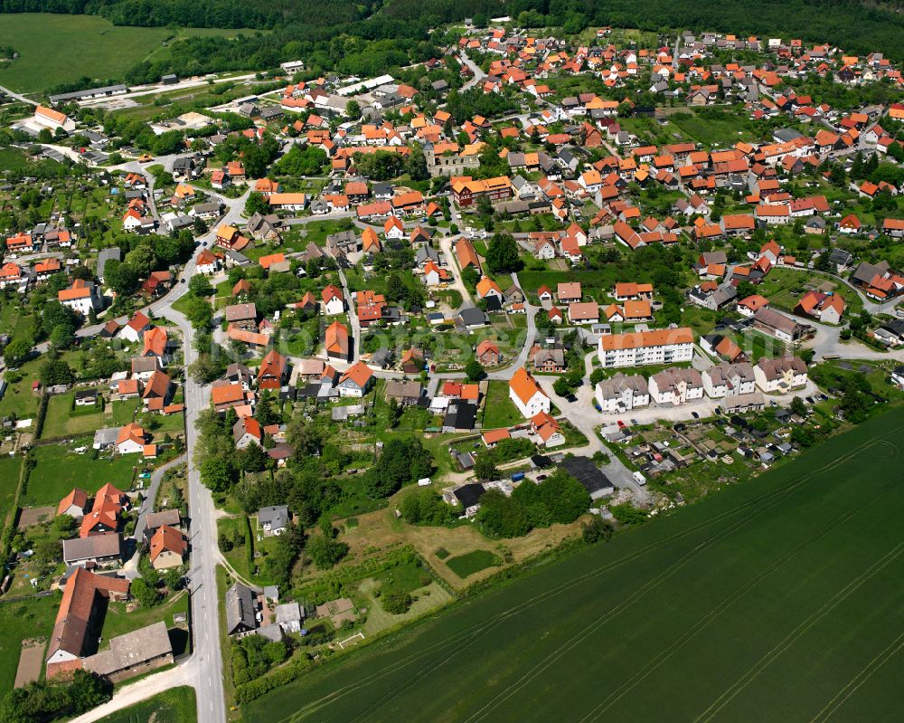 Hüttenrode from above - Town View of the streets and houses of the residential areas in Hüttenrode in the state Saxony-Anhalt, Germany