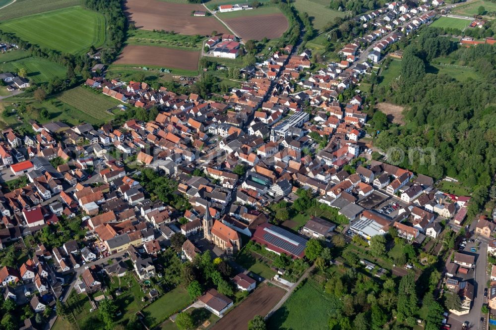 Ingenheim from above - Town View of the streets and houses of the residential areas in Ingenheim in the state Rhineland-Palatinate, Germany