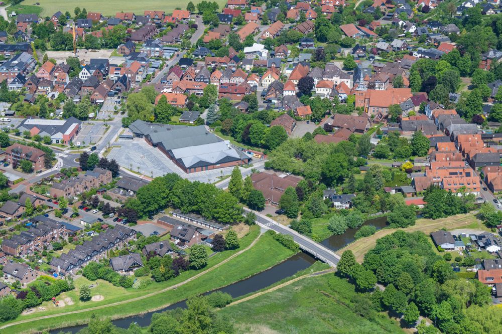 Horneburg from above - City view of the inner city area Food shop EDEKA Drewes in Horneburg in the state Lower Saxony, Germany
