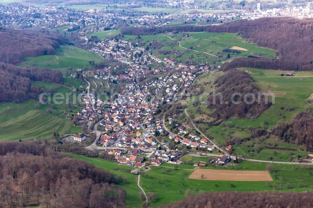 Inzlingen from above - Town View of the streets and houses of the residential areas in Inzlingen in the state Baden-Wurttemberg, Germany