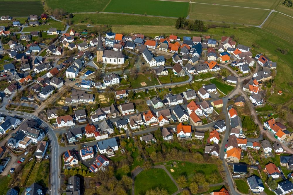 Aerial image Kallenhardt - Town View of the streets and houses of the residential areas in Kallenhardt in the state North Rhine-Westphalia, Germany