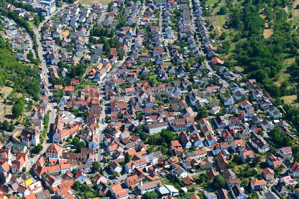 Keltern from above - Town View of the streets and houses of the residential areas on street Bachstrasse in Keltern in the state Baden-Wuerttemberg, Germany
