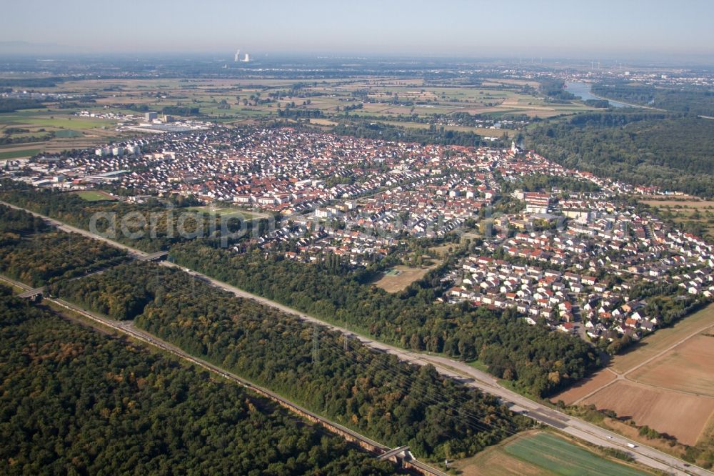 Aerial image Ketsch - Town View of the streets and houses of the residential areas in Ketsch in the state Baden-Wuerttemberg