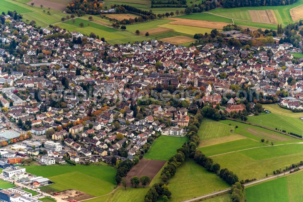 Kirchzarten from above - Town View of the streets and houses of the residential areas in Kirchzarten in the state Baden-Wuerttemberg, Germany