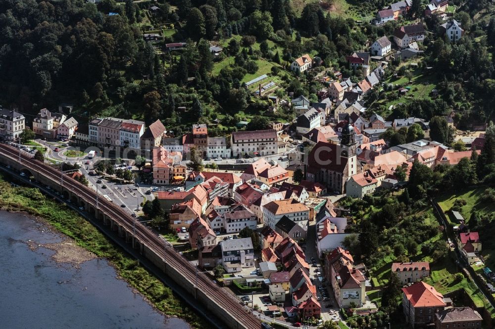 Aerial image Königstein - Town View of the streets and houses of the residential areas with a view of the Elbe in Koenigstein in the state Saxony