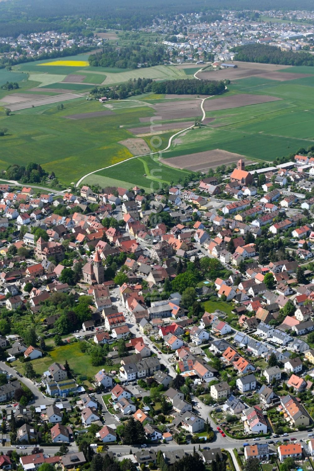 Kornburg from the bird's eye view: Town View of the streets and houses of the residential areas in Kornburg in the state Bavaria, Germany