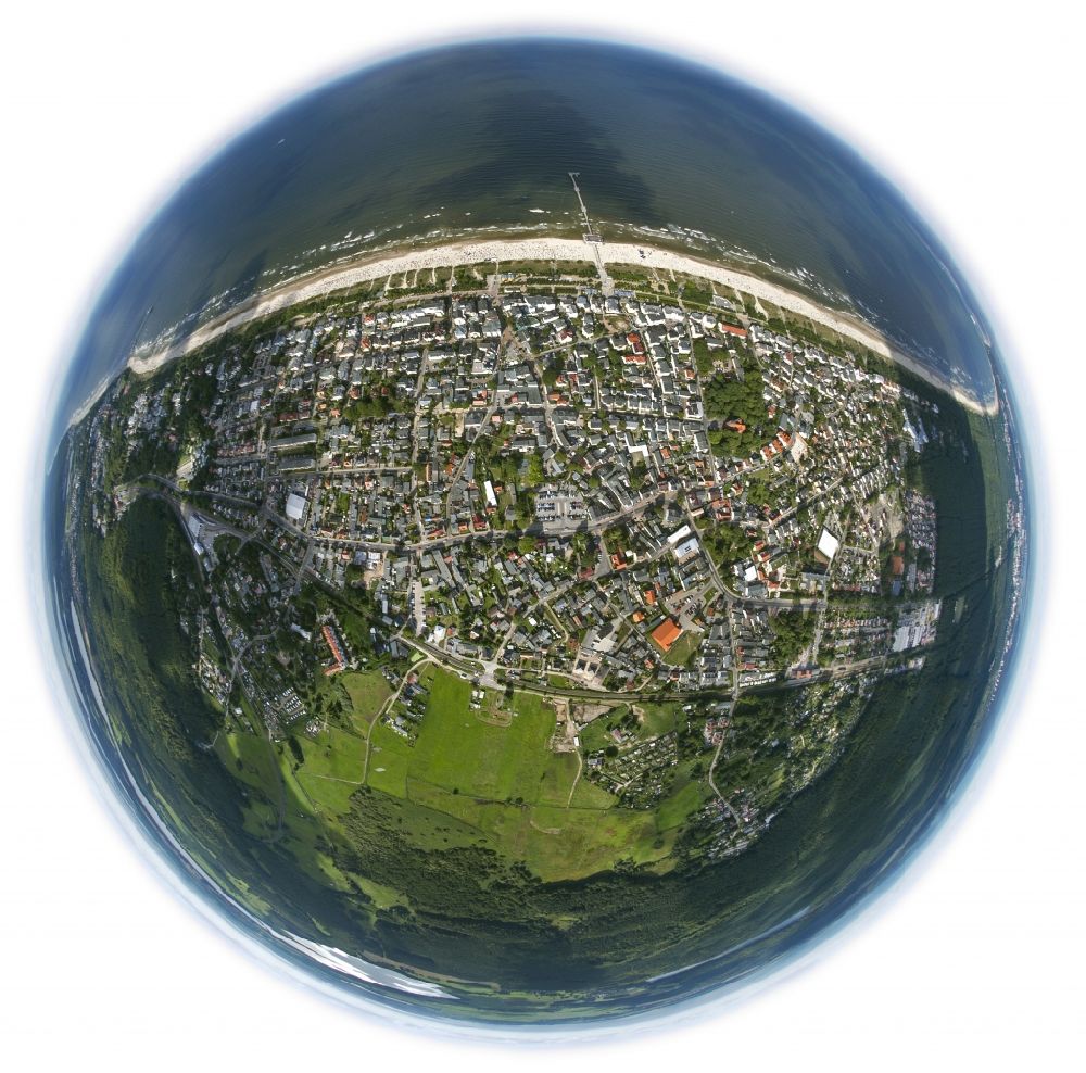 Ahlbeck from above - Fisheye- view of the coastal area of Ahlbeck, a popular tourist and resort on the Baltic Sea coast of the island of Usedom in Mecklenburg-Western Pomerania