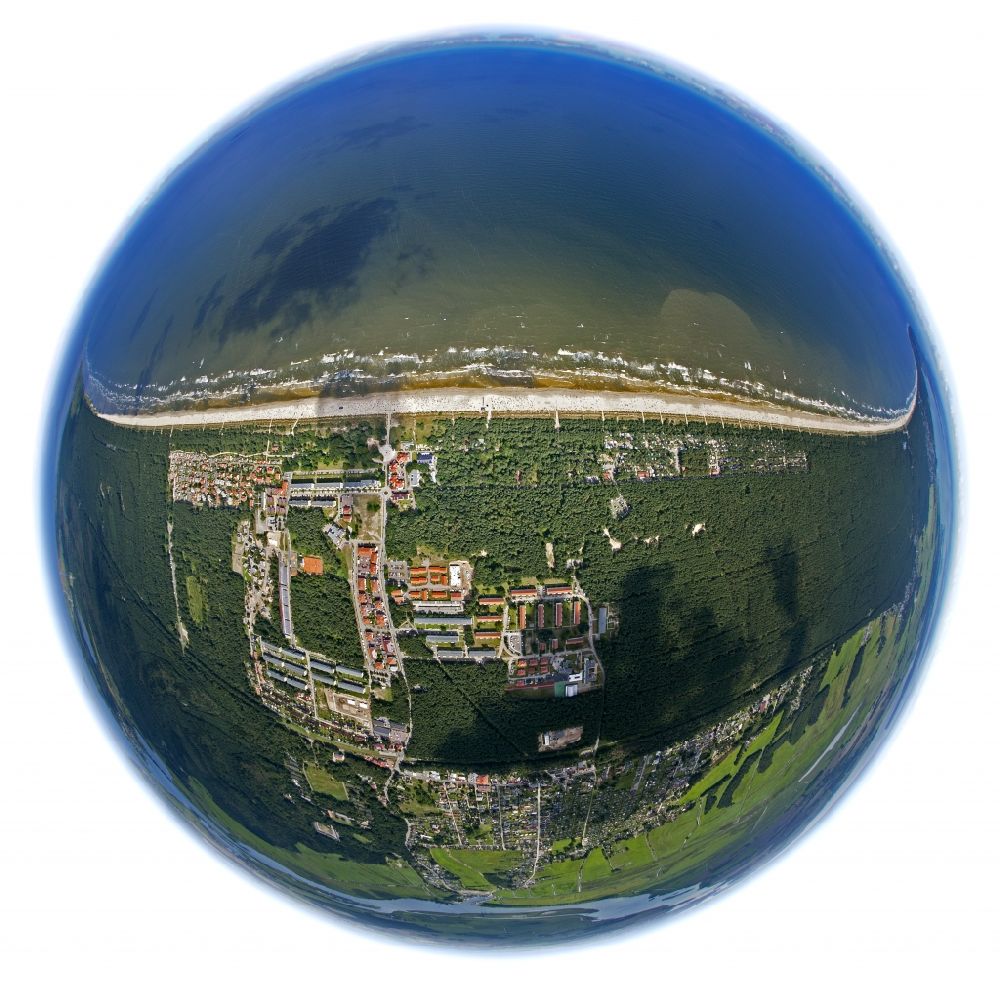 Aerial photograph Karlshagen - Fisheye- view of the coastal area of Karlshagen, a popular tourist and resort on the Baltic Sea coast of the island of Usedom in Mecklenburg-Western Pomerania