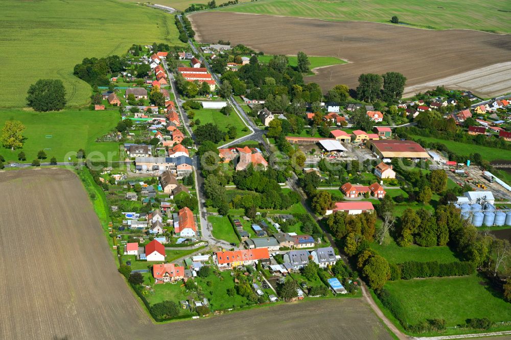 Lindetal from the bird's eye view: Town View of the streets and houses of the residential areas on street Dorfstrasse in the district Dewitz in Lindetal in the state Mecklenburg - Western Pomerania, Germany