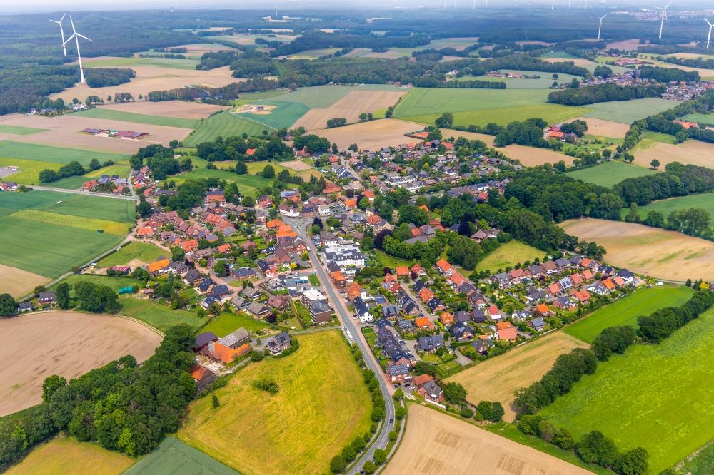 Lippramsdorf from the bird's eye view: Town View of the streets and houses of the residential areas in Lippramsdorf in the state North Rhine-Westphalia, Germany