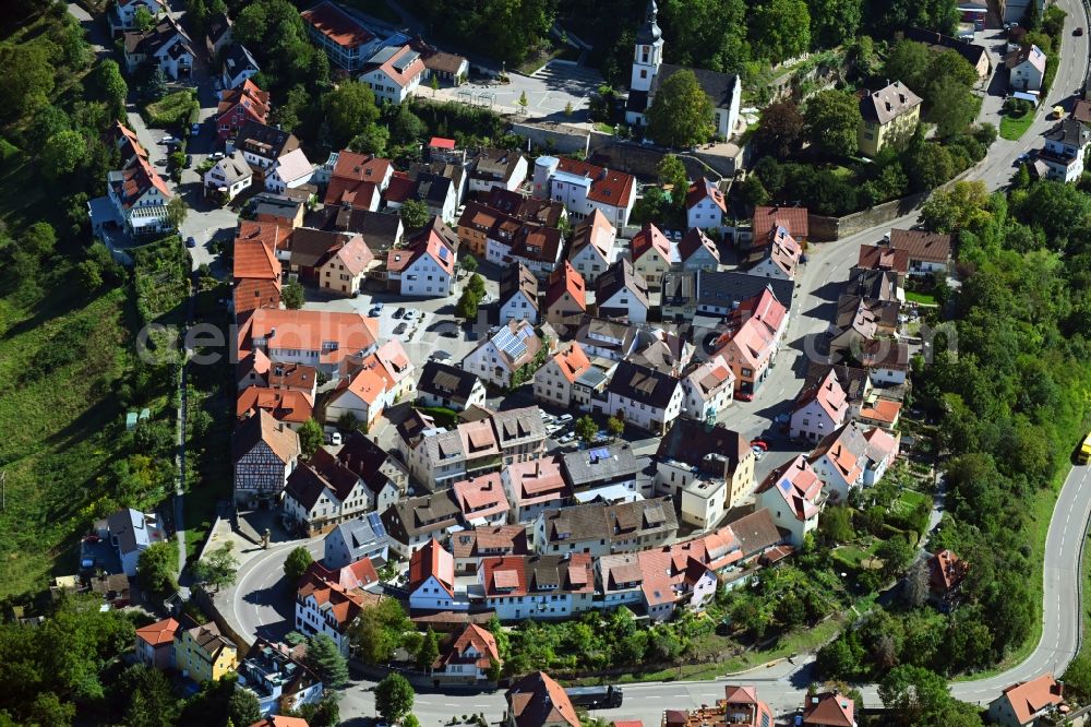 Löwenstein from above - Town View of the streets and houses of the residential areas in Loewenstein in the state Baden-Wuerttemberg, Germany