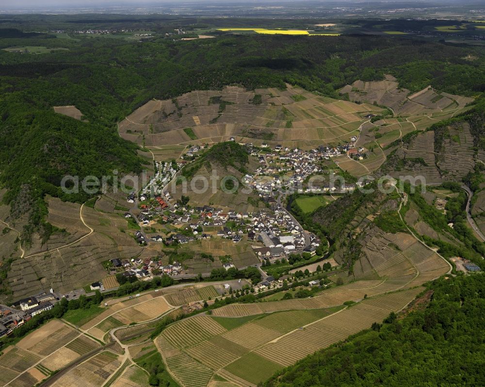 Mayschoß from above - View of Mayschoss in the state of Rhineland-Palatinate. The official tourist resort belongs to the wine-growing region of Walporzheim in the Ahr valley and is surrounded by vineyards