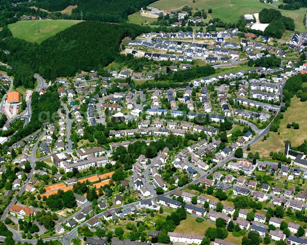 Meinerzhagen from above - Town View of the streets and houses of the residential areas in Meinerzhagen in the state North Rhine-Westphalia, Germany