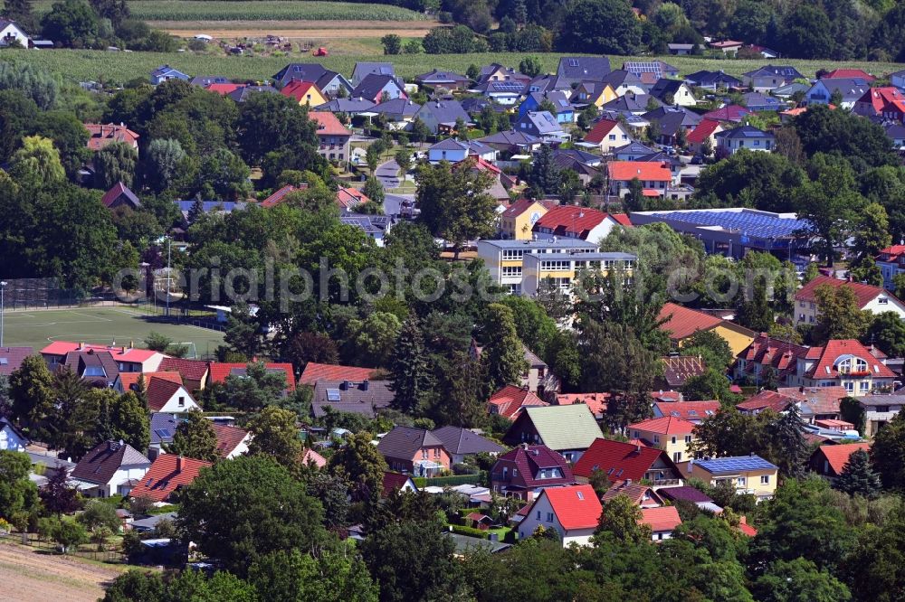 Mühlenbeck from above - Town View of the streets and houses of the residential areas in Muehlenbeck in the state Brandenburg, Germany