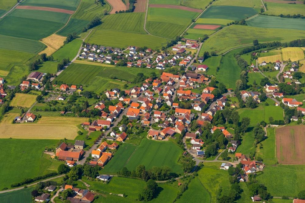 Aerial image Mühlhausen - Town View of the streets and houses in Muehlhausen in the state Hesse, Germany