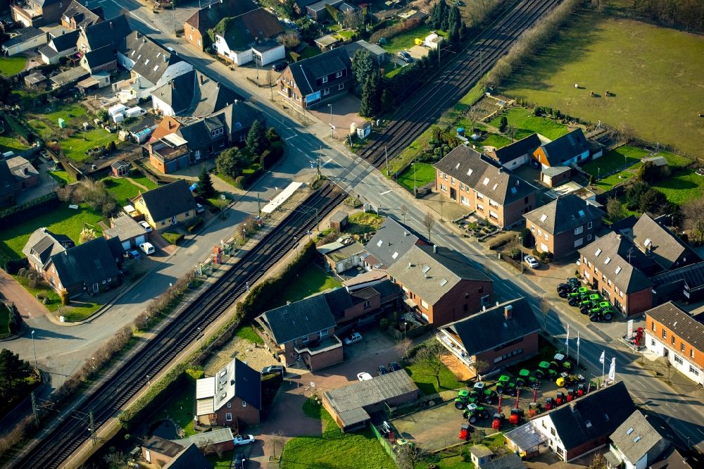 Rees from above - View of the village of Millingen with a rail line of Betuwe- Route in the state of North Rhine-Westphalia