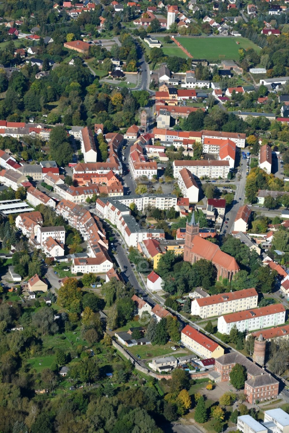 Müncheberg from above - Town View of the streets and houses of the residential areas in Muencheberg in the state Brandenburg, Germany